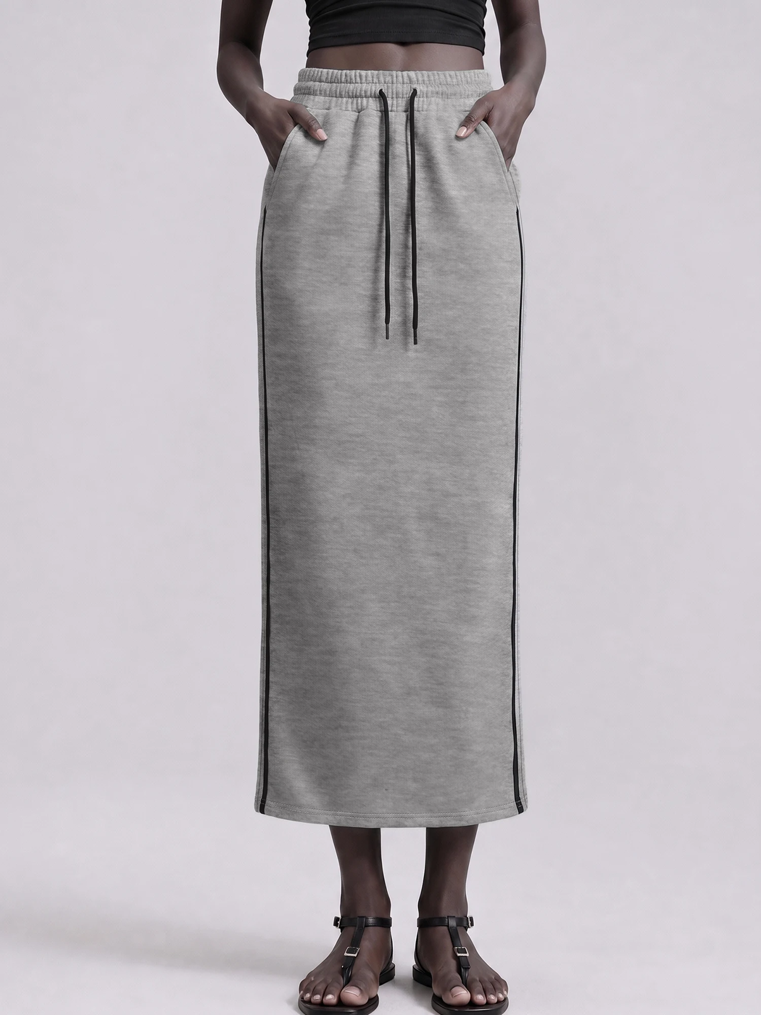 Y2K Streetwear Sweat Midi Skirt, Side Striped Split Hem, Urban Street Snap & Mall Shopping OOTD