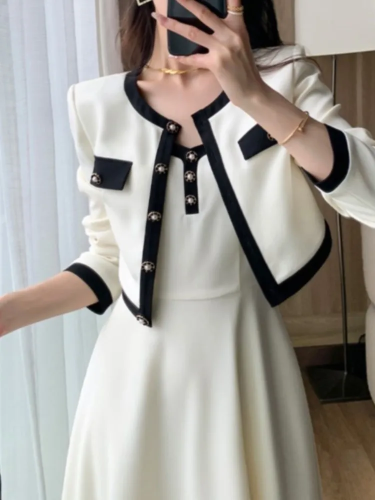 Fashion Korean Women Elegant Casual Dress Set Vintage Crop Jackets Sleeveless A-Line Strap Dress Two Pieces Set Female Clothes