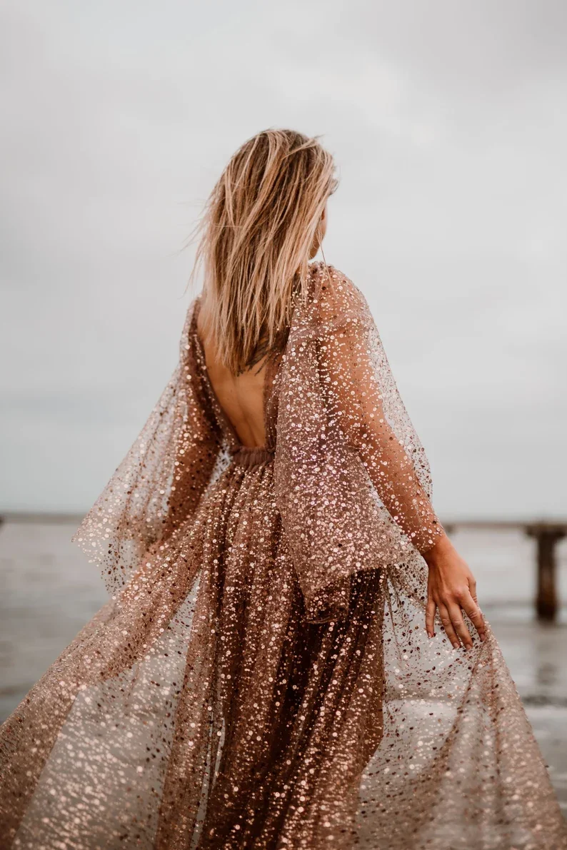 Sparkling Dresses Women Robe V-Neck Sequins Long Sleeve Maternity Dressing Shower Gown for Photography Custom Made