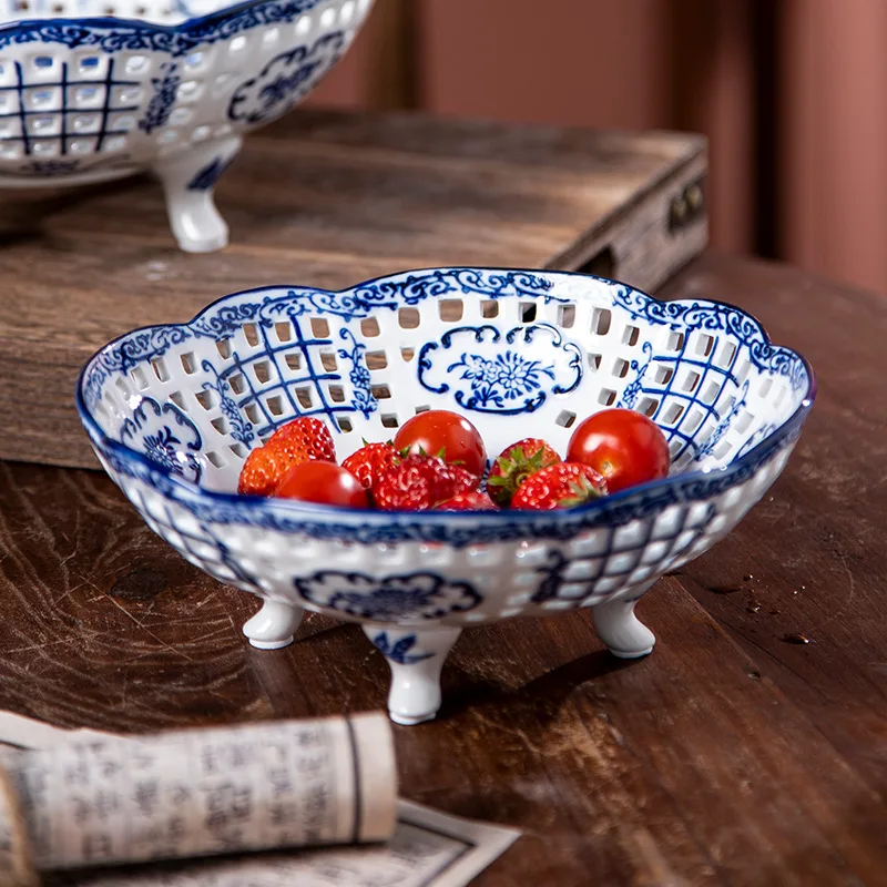 DSA Ceramic Fruit Plate Restaurant Fruit Plate Drain Four Corners High Foot Ceramic Large Capacity Ceramic Fruit Plate