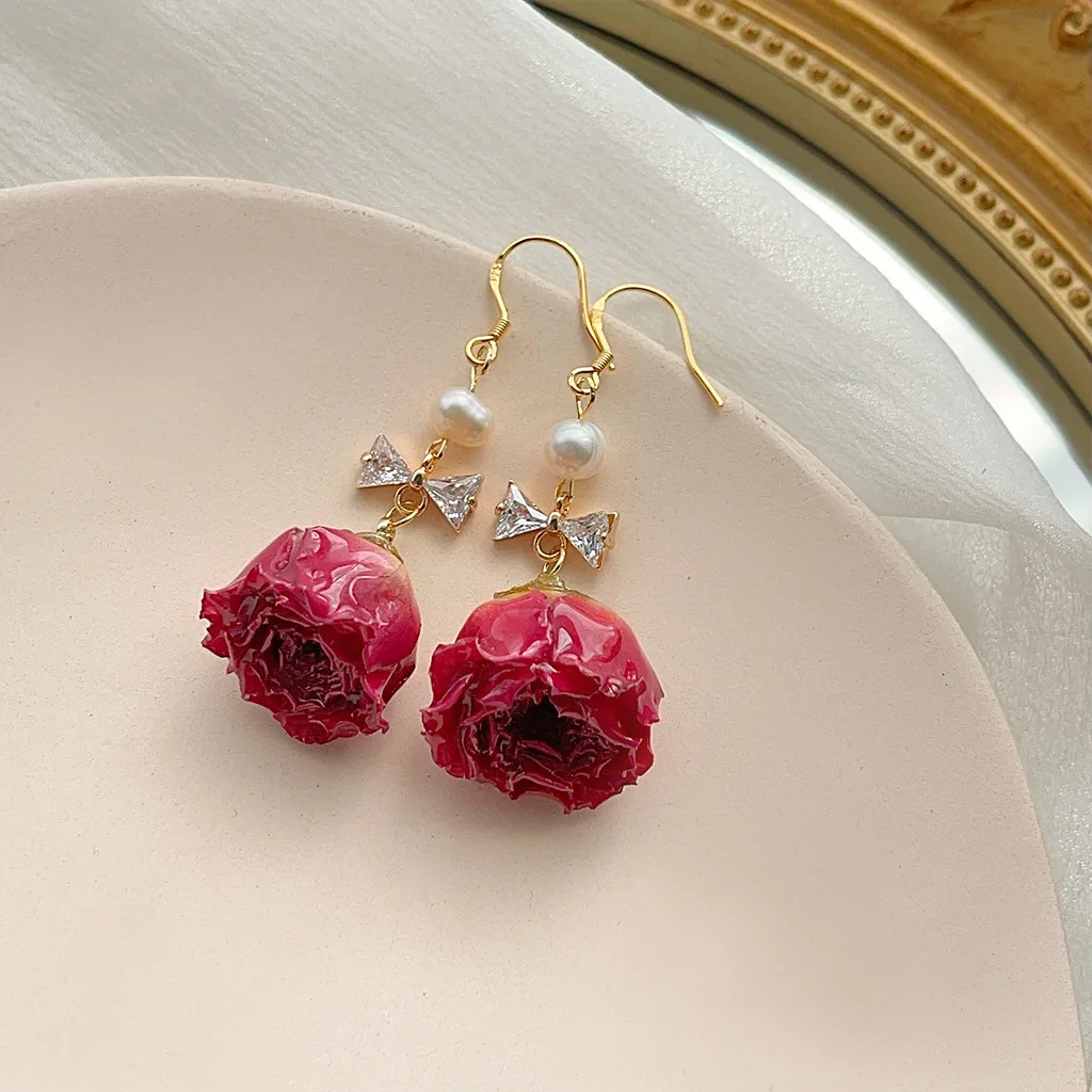 Unique Immortal Flower Earrings Elegant Women Statement Jewelry Sweet Natural Rose Flower Earrings 2024 Statement Jewelry Gifts