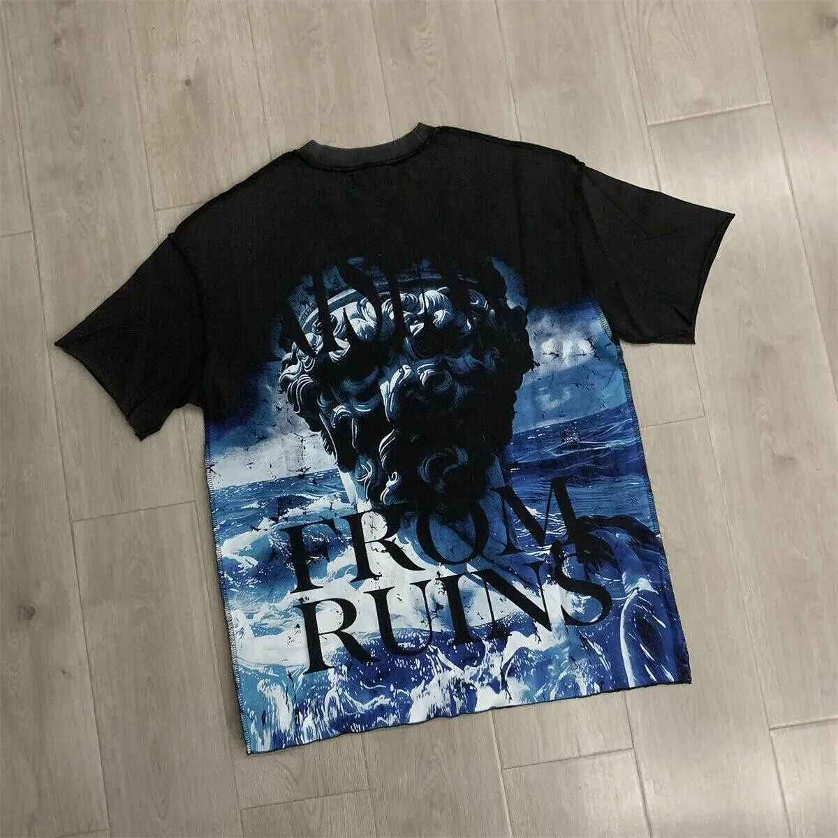 First Row Retro Statue Print Beaded Letter Men's and Women's Loose Washed Vintage Unstitched Design Short-Sleeve T-Shirt