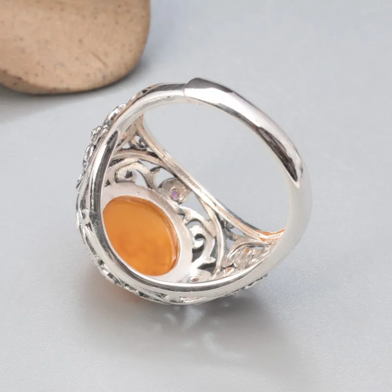 Genuine S925 Sterling Silver Rings for Women New Fashion Round Beeswax Amber Enamel Flower Hollowed out Rings Adjustable Size