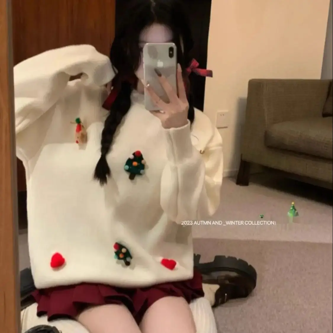 Christmas Limited Women Pullover Gentle Style Versatile Winter  Round Neck Three-Dimensional Christmas Tree Niche Design