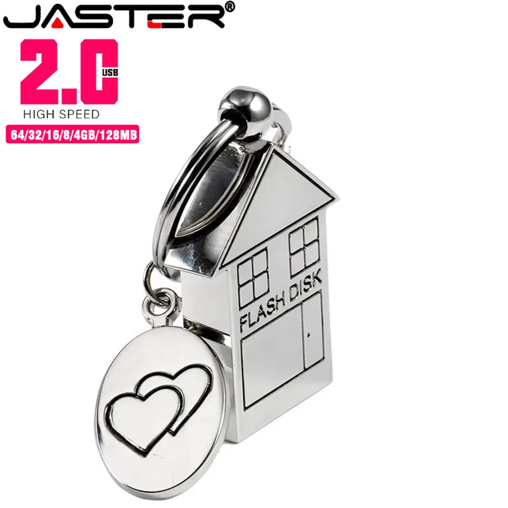 

Metal House USB Flash Drive Silver Pend Drive 128GB 64GB Real Capacity Flash Disk 2.0 Custom LOGO Free Gift Key Chain 32GB 16GB