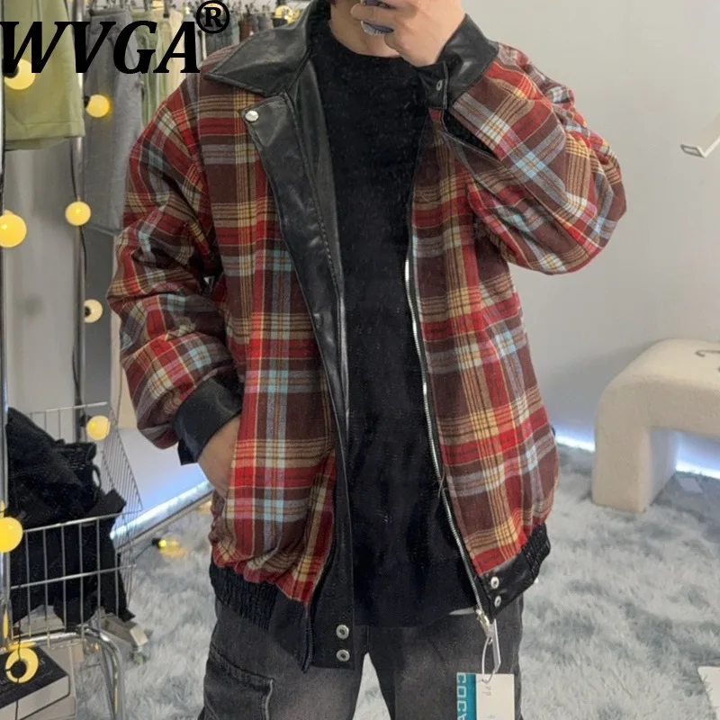 

WVGA Spring Autumn New Man Tide Plaid Reversible Trendy PU Leather Jacket Niche Chic Casual Zipper Long Sleeved Coats Ins W12599
