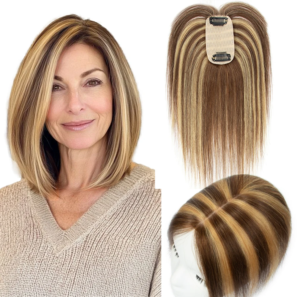 5x9cm Natural Human Hair Toppers For Women Silk Base Weightless Cover Wide Hairpart/Grey Hair P4-27 Highlight Piano Breathable Daily Use