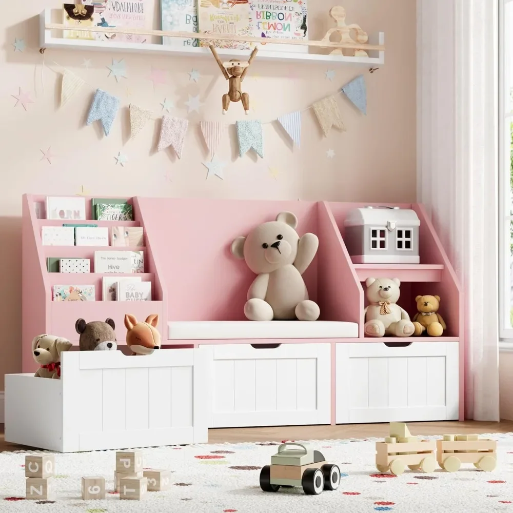 

Kids Bookshelf, Toy Storage Organizer with Seat Cushion and 3 Movable Drawers, Kids Reading Nook Toy Organizers and Storage