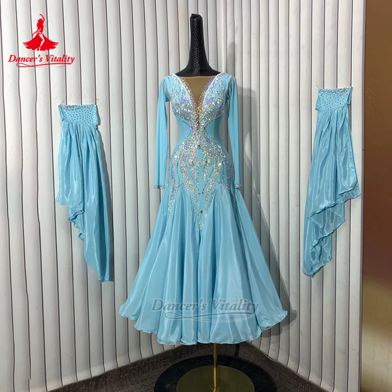 Wiener Walzer AB-Steine, lange Ärmel, umwickelte Hüften, Kleid, individuell anpassbare Tänzersvitalität, Gesellschaftstanz für Erwachsene, Führungskleidung und Wettbewerb