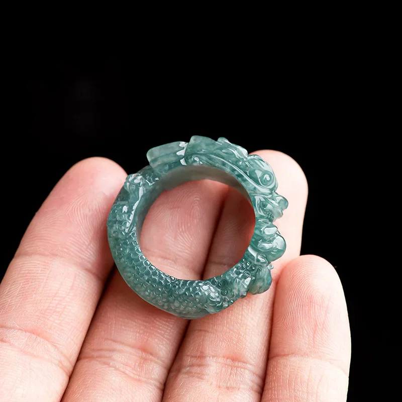 Natural Jade Blue Water Three-dimensional Carving Zodiac Dragon King Ring Fashion Personalized Jewelry Men Women Couples Gift