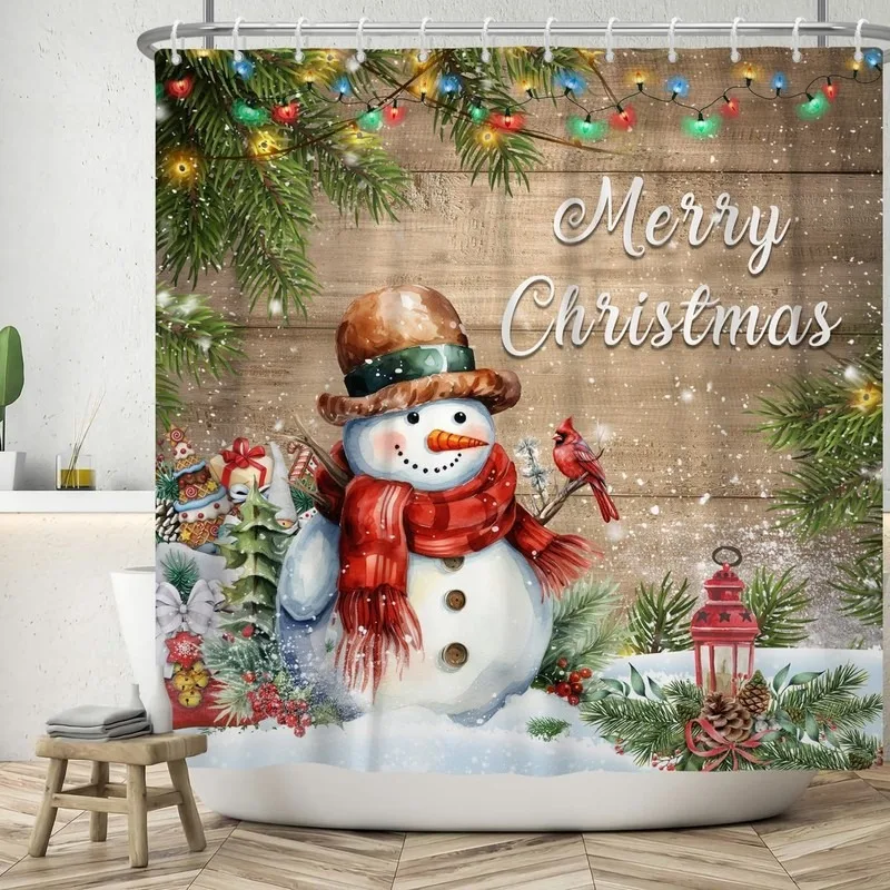 Christmas Wooden Watercolor Snowman Red Cardinal Pine Tree Light Bathroom Shower Curtain Set No Drilling Hooks 12 Hooks