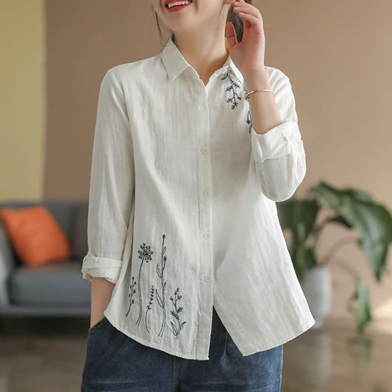 Spring Summer Polo-neck Cotton Linen Embroidery Shirt Lady Long Sleeve Casual Fashion Literary Vintage Cardigan Blouse Top Women