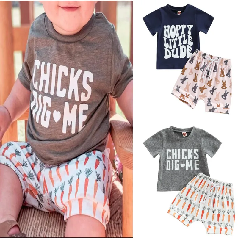 

Toddler Baby Boy Easter Outfits Short Sleeve Letter Print T-Shirt Top with Bunny Carrot Print Shorts Summer Clothes Set