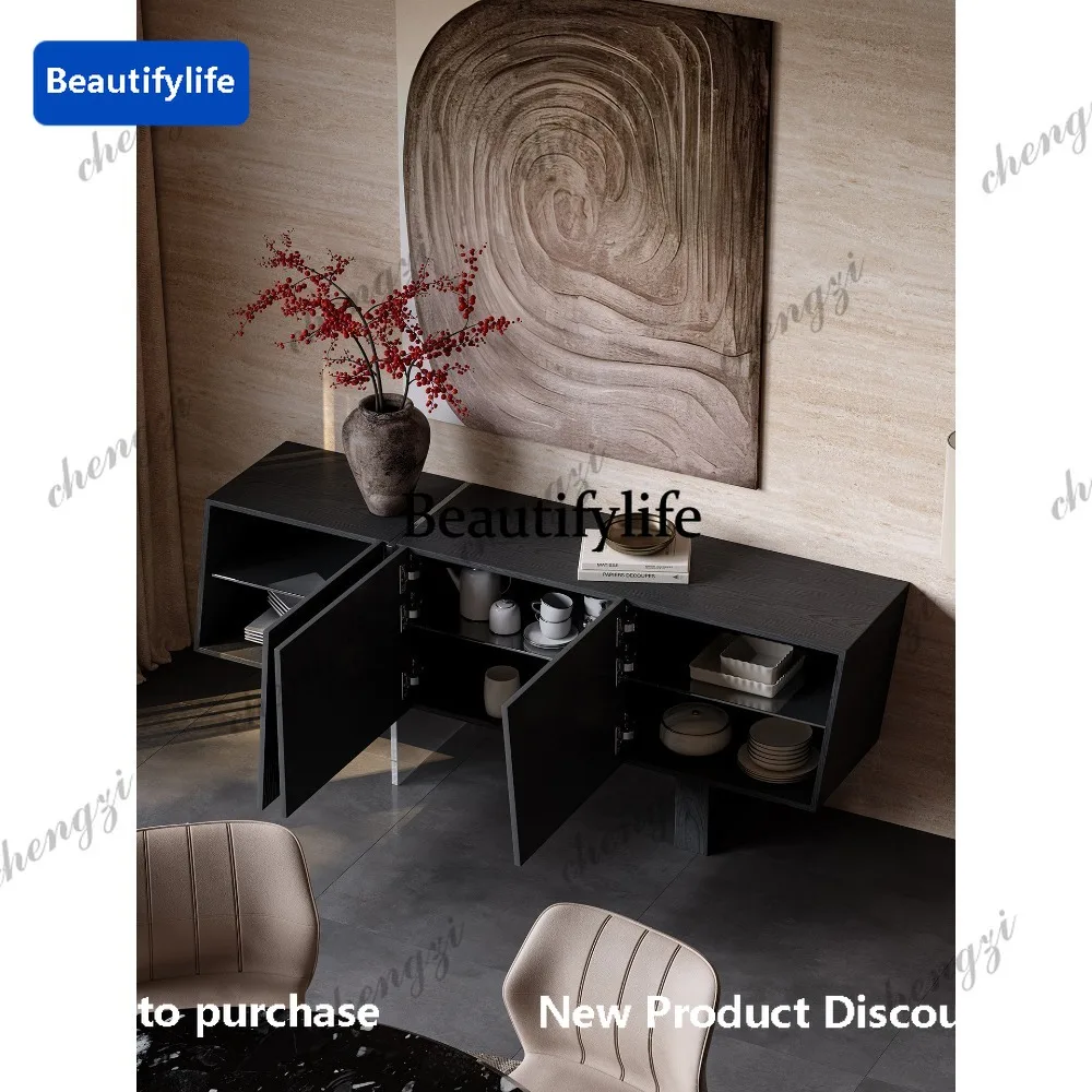 PP Light luxury dining side cabinet design sense relief art black antique side cabinet locker against the wall