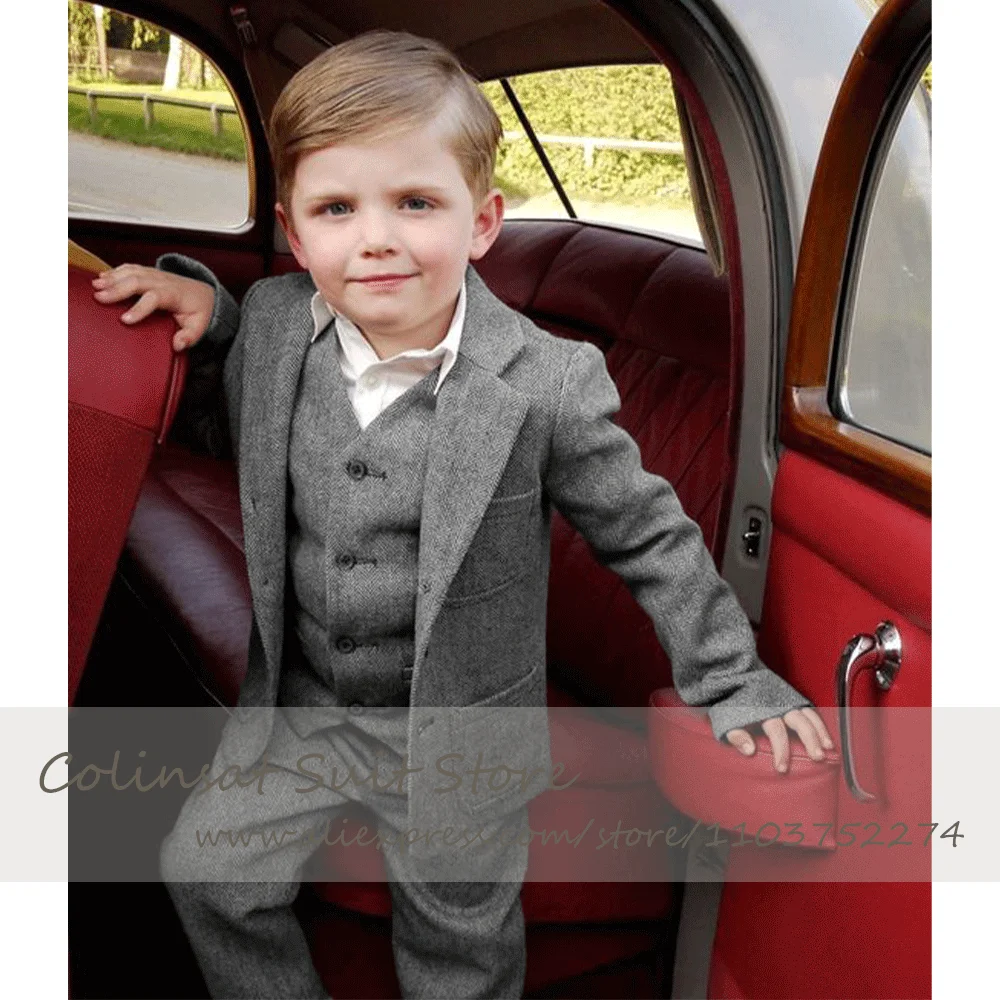 Suit for Boy 3 Piece Herringbone Tweed Dress Jacket Vest Pants Casual Blazer Children Boys Costume Autumn Winter Wedding Wear