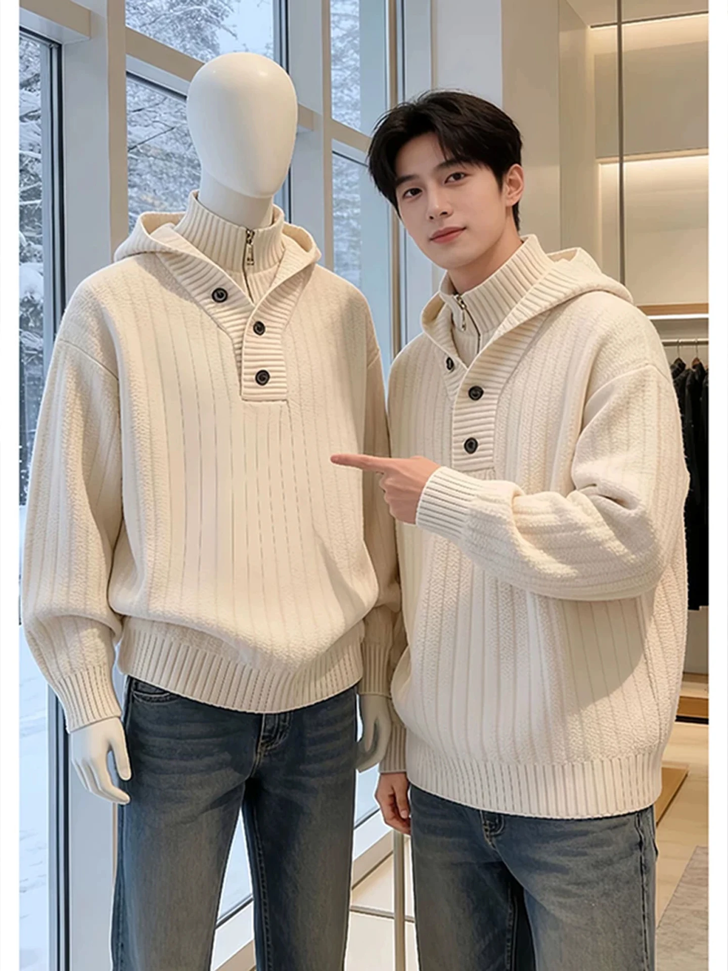 

Men's Thiened Hoodie Knitted Sweater Mid-Beige Korean Sle Fake Two-Piece Winter Casual Faion Stand Collar Coat