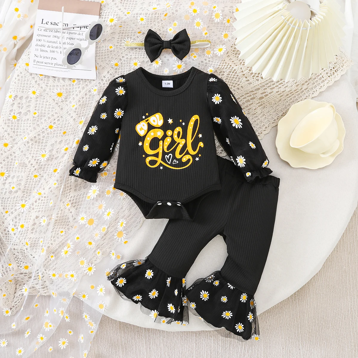 Frühling Herbst Baby Mädchen Daisy Onesie Set Weiche elastische Baumwolle Stoff Schlaghosen süße photogene Outfit für Kleinkinder süße Adorab