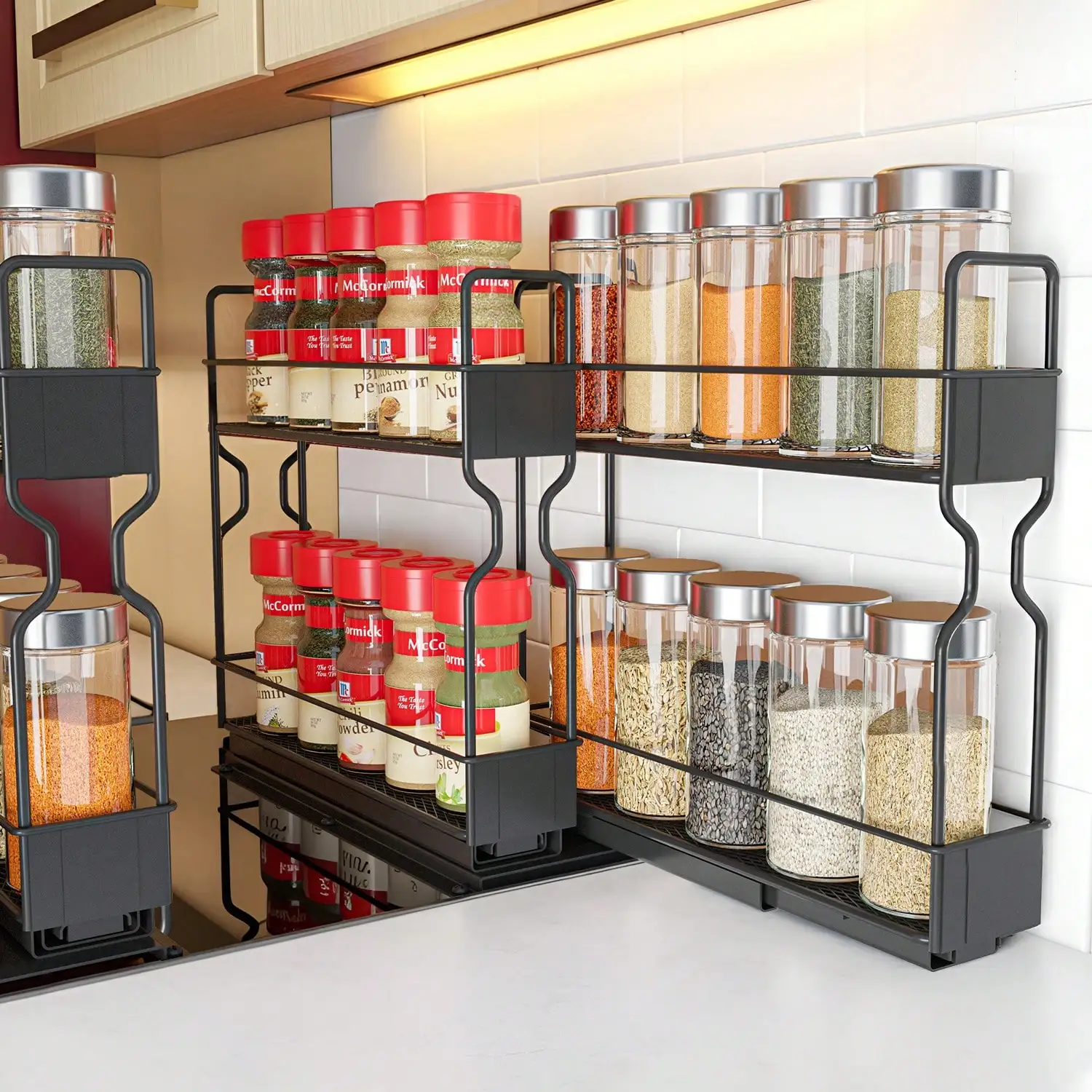 

Two-Tier Slide-Out Cabinet Spice Rack Organizer With Two Drawers And Labels, Heavy-Duty Pull-Out Kitchen Storage For Seasonings, 5.2" Wide X 10.75" Deep X 10" High