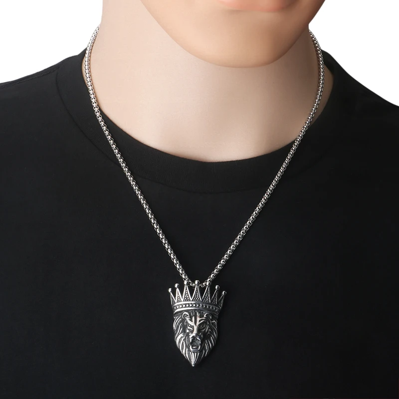 Stainless steel fashion retro domineering crown lion head pendant pendant necklace