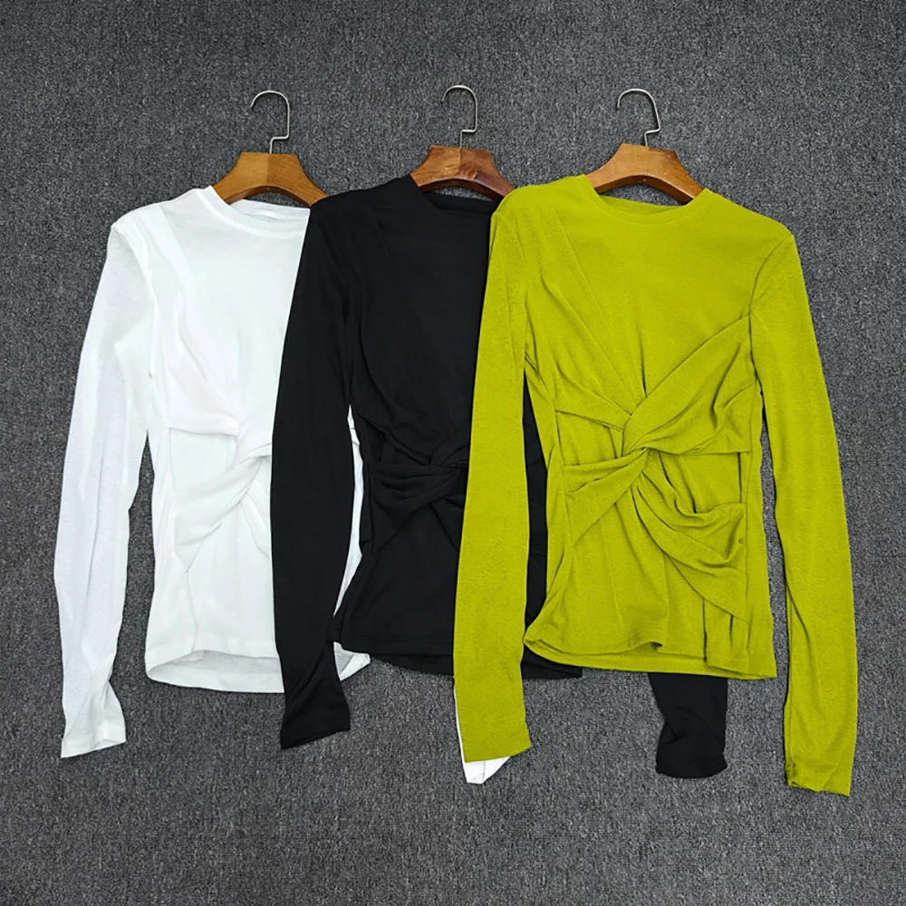 

Женская футболка Twist-Detail, плиссированная облегающая футболка в стиле Y2K, элегантный топ с круглым вырезом и длинными рукавами, новинка осени 202, новинка