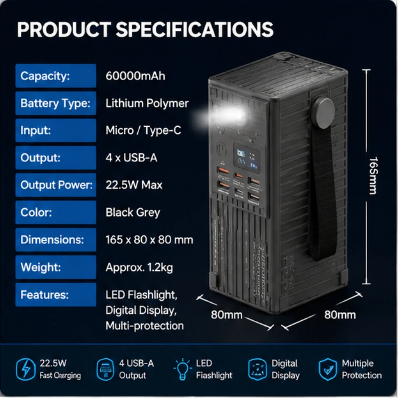 60000mAh 22.5W Container Power Bank Fast Charging Large Capacity Mobile Power Supply Outdoor Lighting Mobile Power Supply