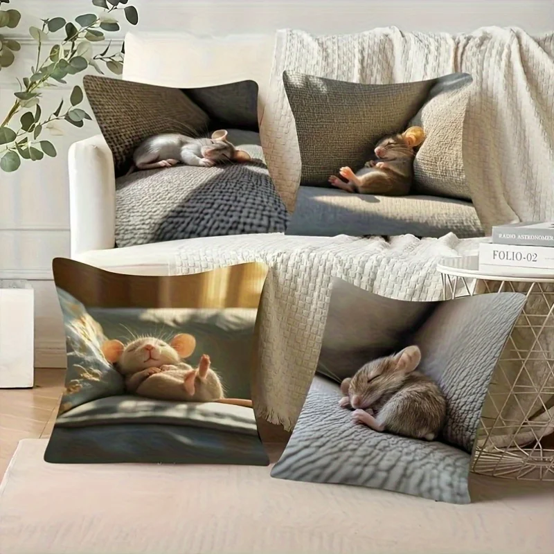 4Pcs Mouse Pillow Covers 45x45cm Double-sided Printed Sleeping Rat Cushion Cases Cute Animal Home Decor Throw Pillows No Insert