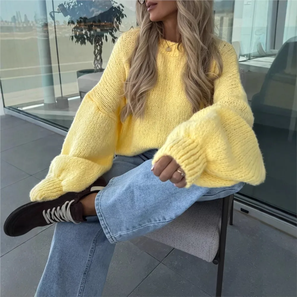 MsChuh Women's Jumper Comfortable All-match Loose Simple Sweater Playful Temperament Commuting Homewear Long Sleeves Round Neck