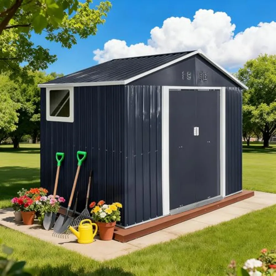 

Outdoor Storage Shed: Metal Garden Tool Shed in Blue with Sloping Roof, Lockable Doors Windows, All-Weather Weatherproof for Ga
