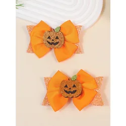 2pcs Orange Bowknot Hair Clips Set, Small/Medium/Large, Kids Halloween Pumpkin Hair Accessories For Girls