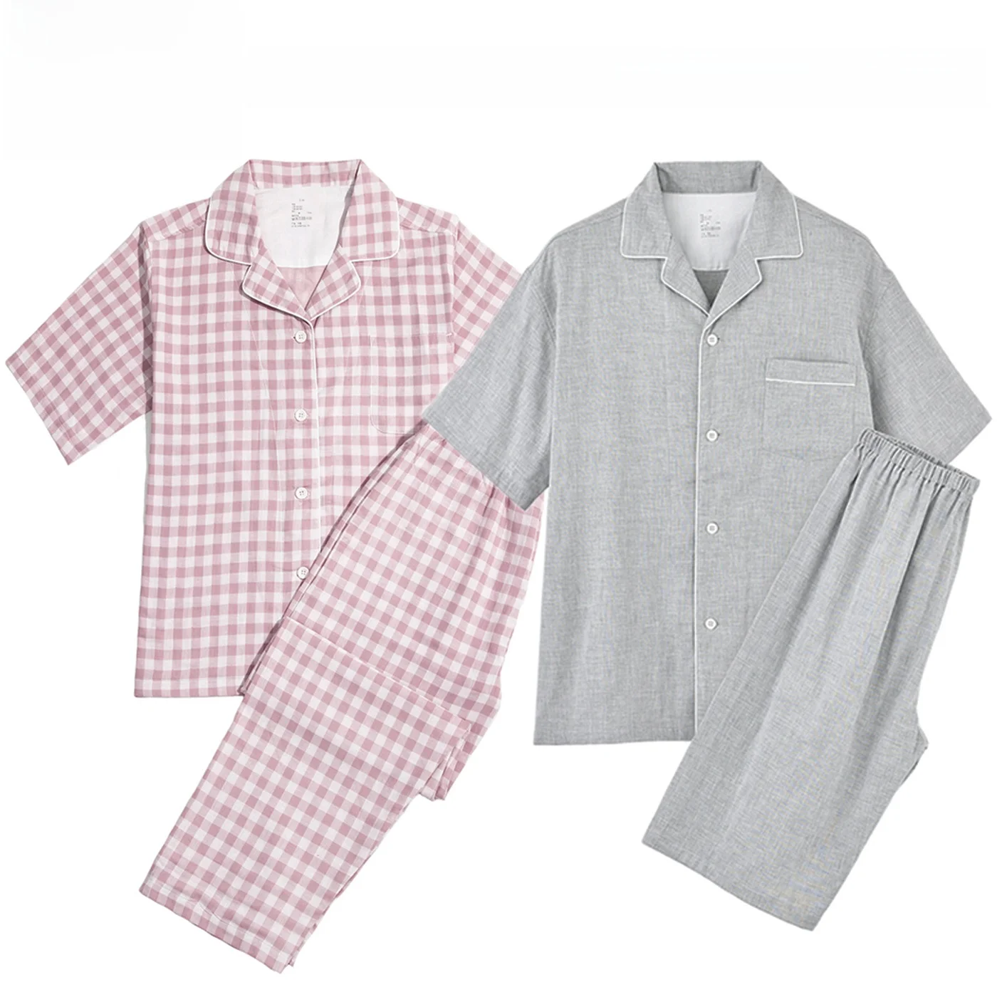 Quality Cotton Pajamas Short Sleeve Couple Style Thin Home Clothes Double Layer Gauze Pure Cotton Summer Home Clothes for Men...