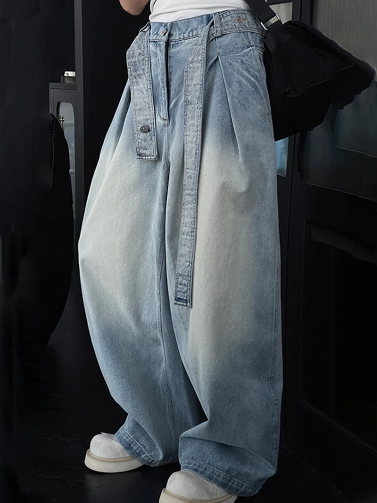

Light Blue Men's Wide Leg Jeans Belt Design Sense Knife Pants American Loose Straight Casual Trousers Youth Fashion