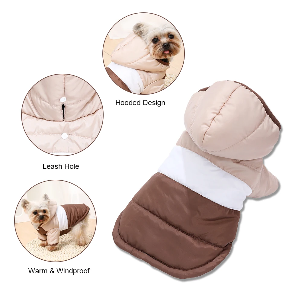 Warme Hundejacke mit Kapuze, Wintermantel für kleine und mittelgroße Hunde, weiche, wattiert Baumwollkleidung für Welpen, winddichtes Outfit mit Leinenloch. – Detail 10