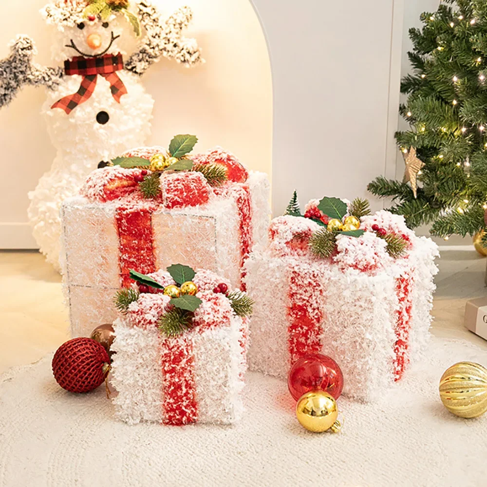 

Christmas Wrought Iron Gift Box Three-piece Set Snowy Scene Decoration Pile of Hotel Window Ornaments Gift Props
