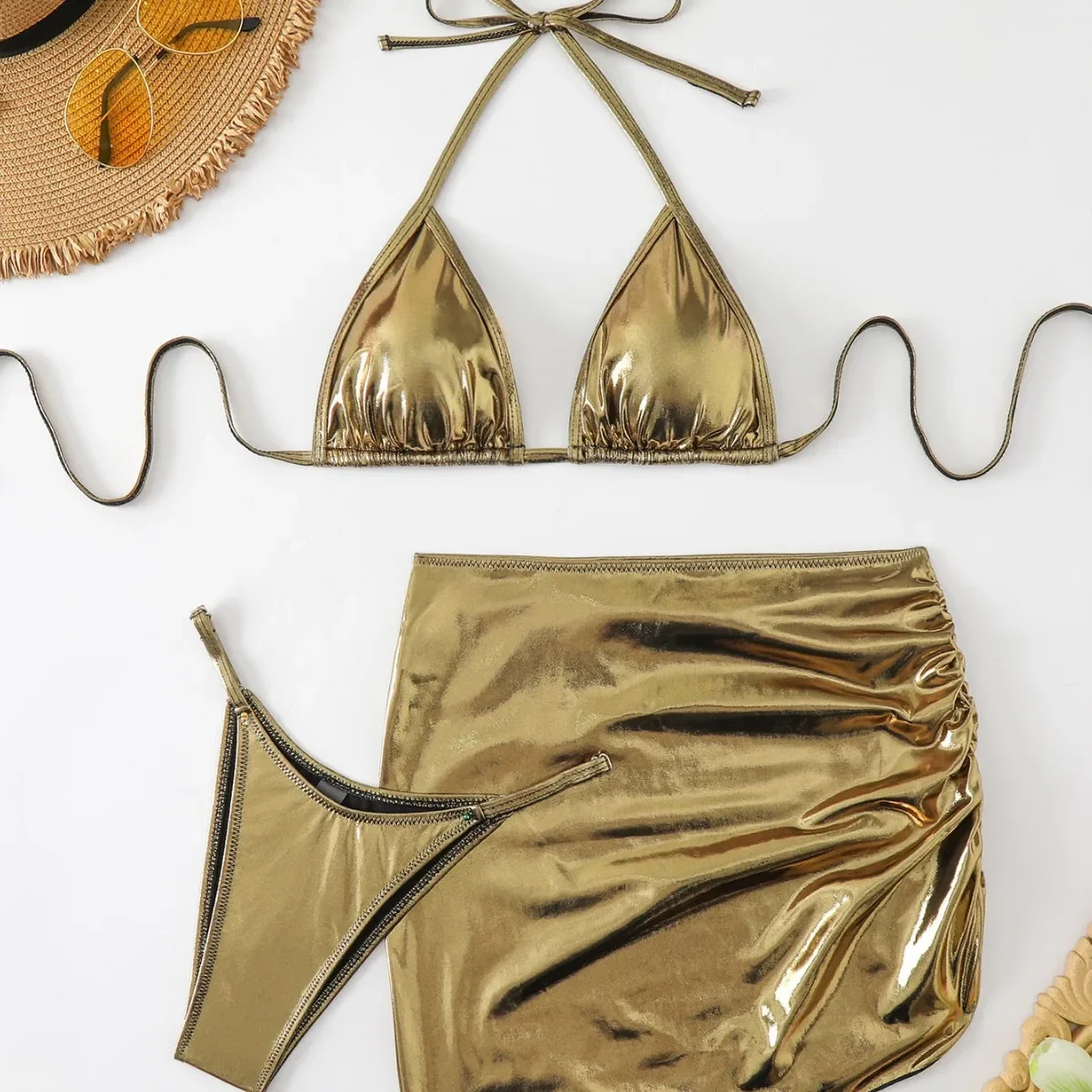 

Sexy Bikini Top Women's Gold Embossed Fabric Swimsuit Cross-Over Strap Hanging Neck Design China Made Swimwear Female Model