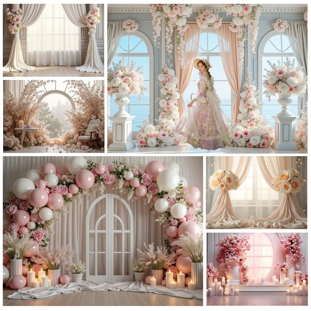 MOON.QG Flower Curtain Arch Door Frame Photography Backdrop Floral Drapes Wedding Birthday Photozone Background Pink White Walls