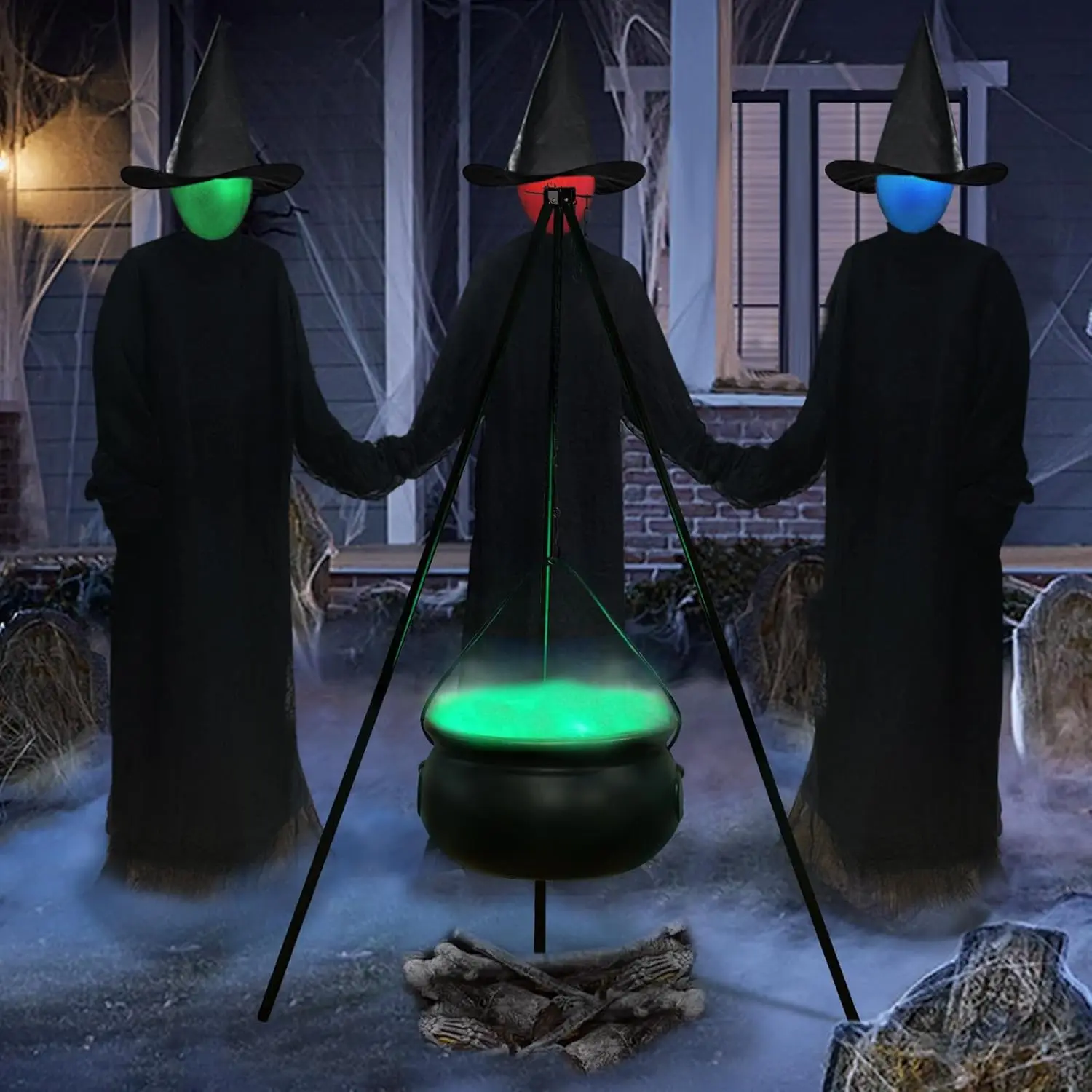 Halloween Decorations - Large Witches Cauldron on 54" Tripod with Lights - Black Plastic Bowl Decor - Hocus Pocus Candy Bucket D