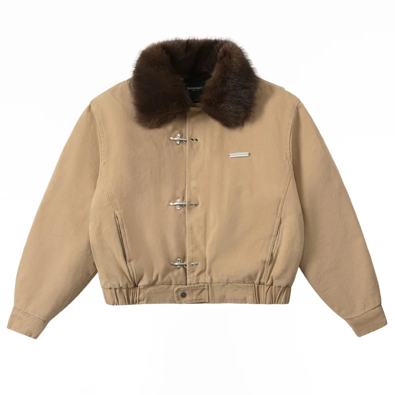 

Autumn Winter Big Fur Collar Metal Buckle Washed Cotton Warm Cargo Jacket Men Women Streetwear Quilted Short Bomber Jacket Coat