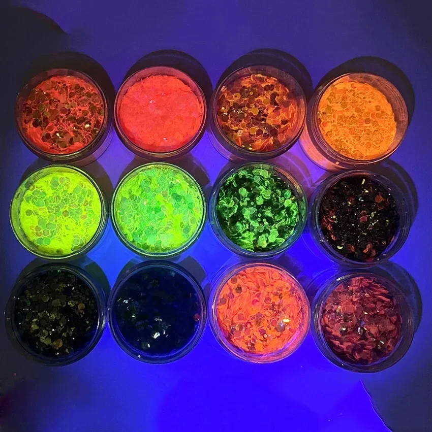 10g UV Glow Glitters Ombretto Logo personalizzato Lunga durata Viso Corpo Capelli Unghie Artigianali Trucco Etichetta privata All'ingrosso Cruelty Free