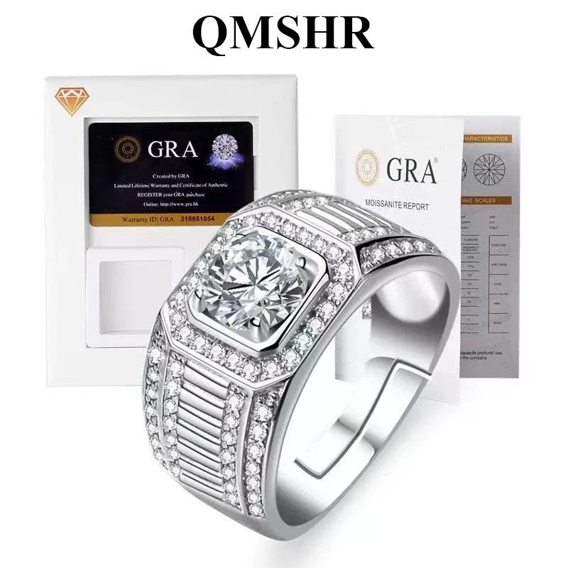

QMSHR 1-5 carat Moissanite rings for man 925 Sterling Silver Open Adjustable D Color GRA Certified Luxury Jewelry