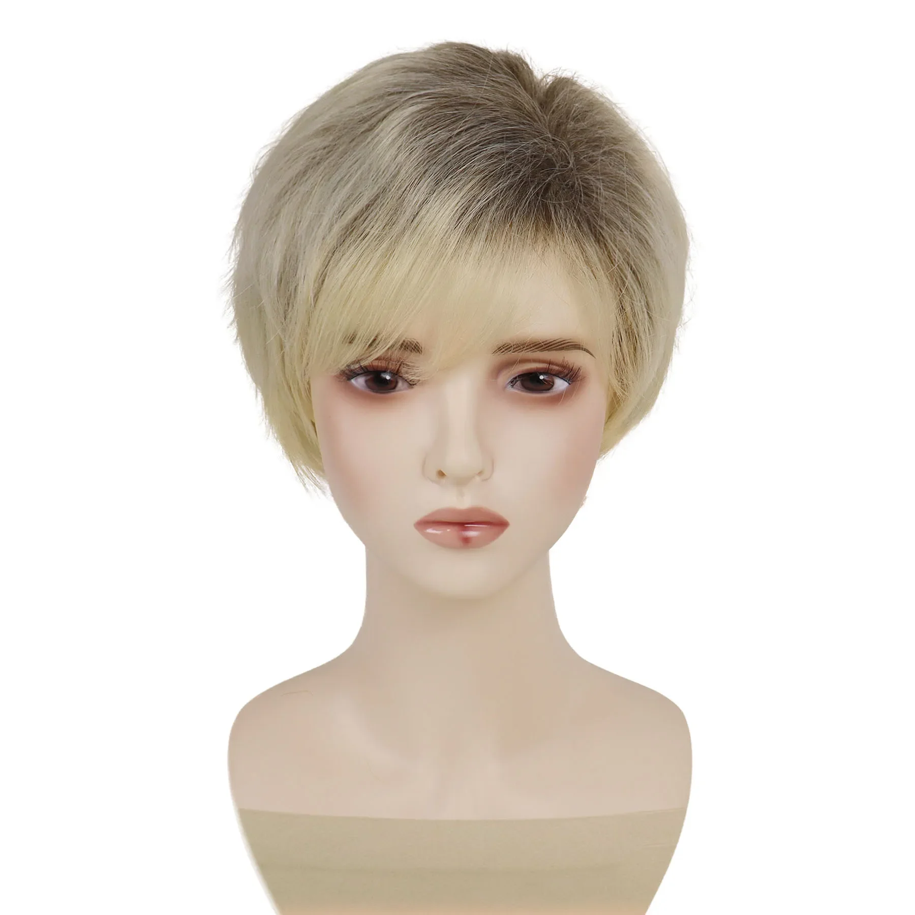 Ombre Blonde Wigs for Women Synthetic Hair Short Wig with Bangs Lady Girls Daily Wear Natural Hairstyles Mommy Wig Casual Style