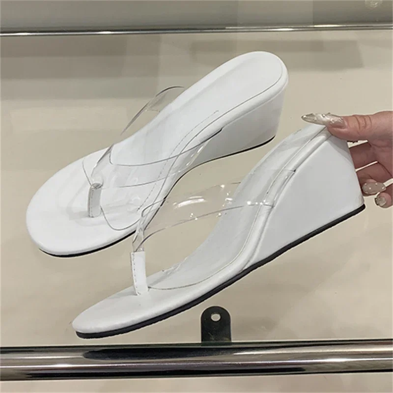 

2025 New Summer Clip Toe PVC Transparent Wedges Heels Women Slippers Fashion Party Flip Flop Slides Shoes