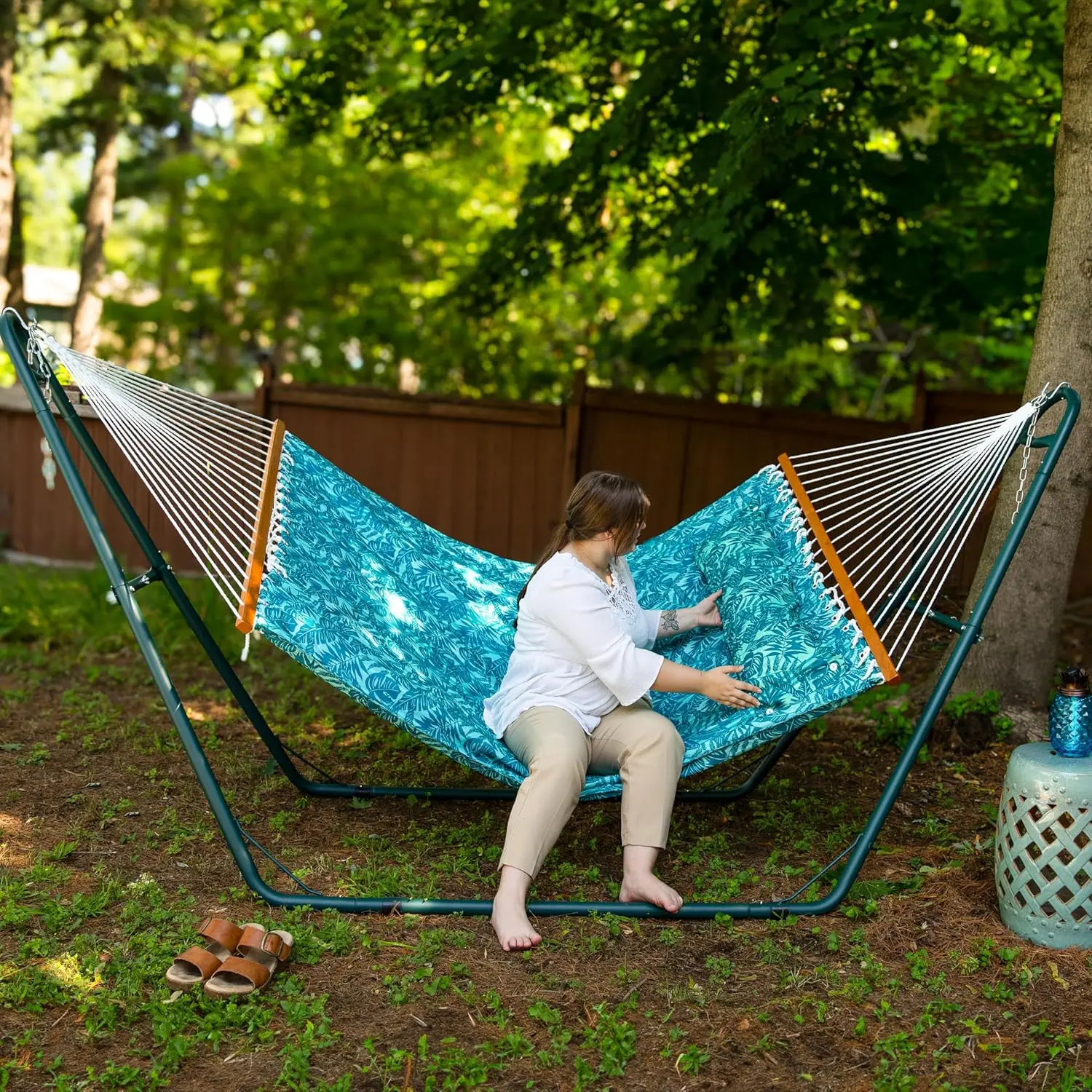 

Printed Quilted Polyester Double Hammock and Pillow - 450-Pound Weight Capacity - Cool Blue Tropics