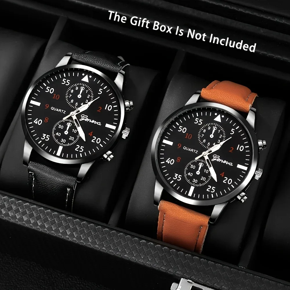 2-Pack Men\'s Casual Sports Watches, PU Leather Strap -, Multifunctional Timepiece for Business and Leisure, Ideal Gift Set