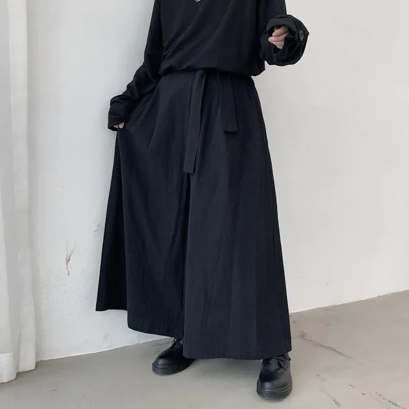 Japanese Large Size Wide Leg Thin Pants Yamamoto Culottes Dark Samurai Pants Harajuku Retro Lacing Bad Boy Trousers Streetwear