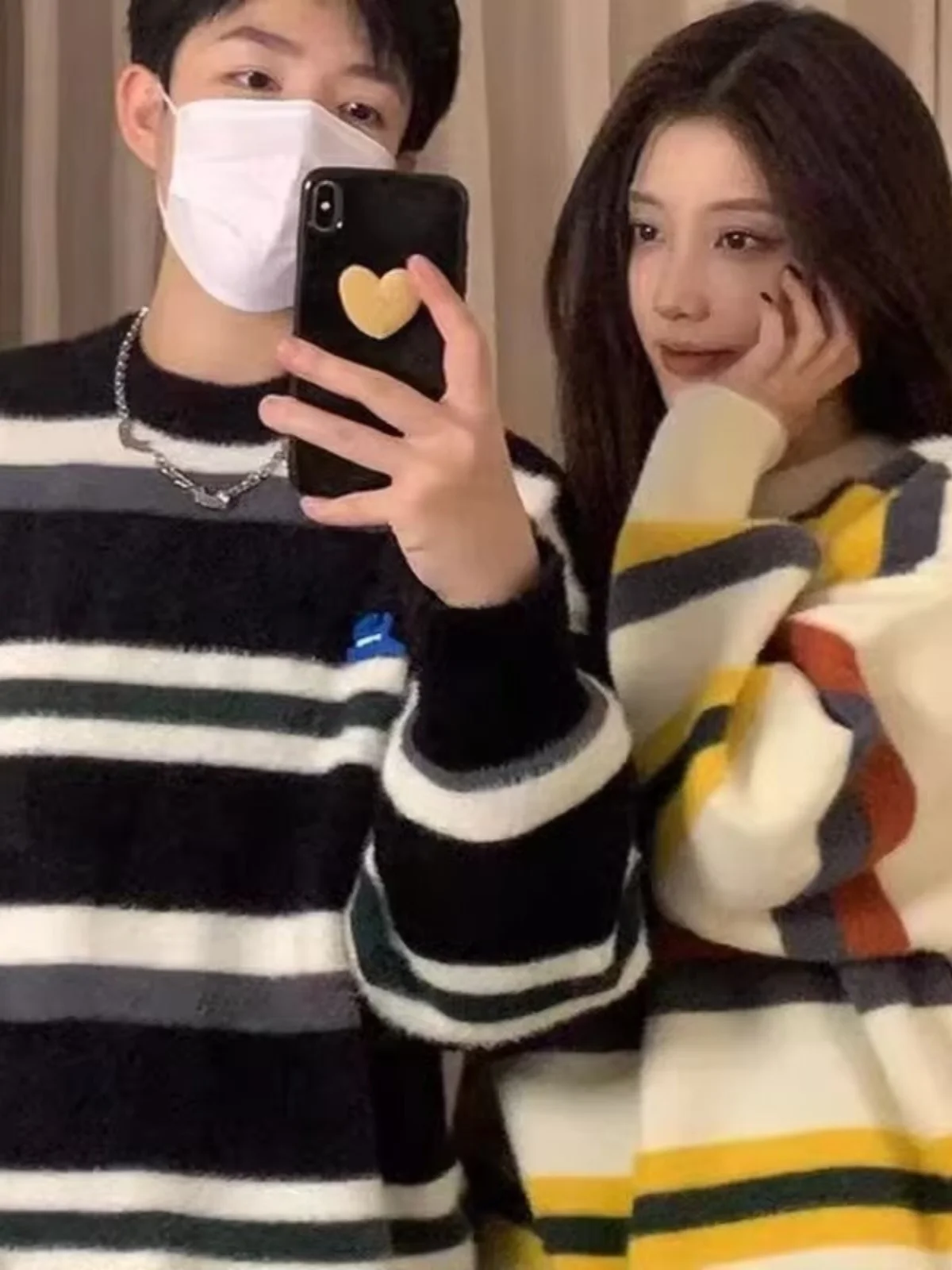 

Утепленный вязаный свитер в полоску из норки для пар, свободный крой, зимний, повседневный, с круглым вырезом, длинный рукав, мужская модная одежда для отдыха