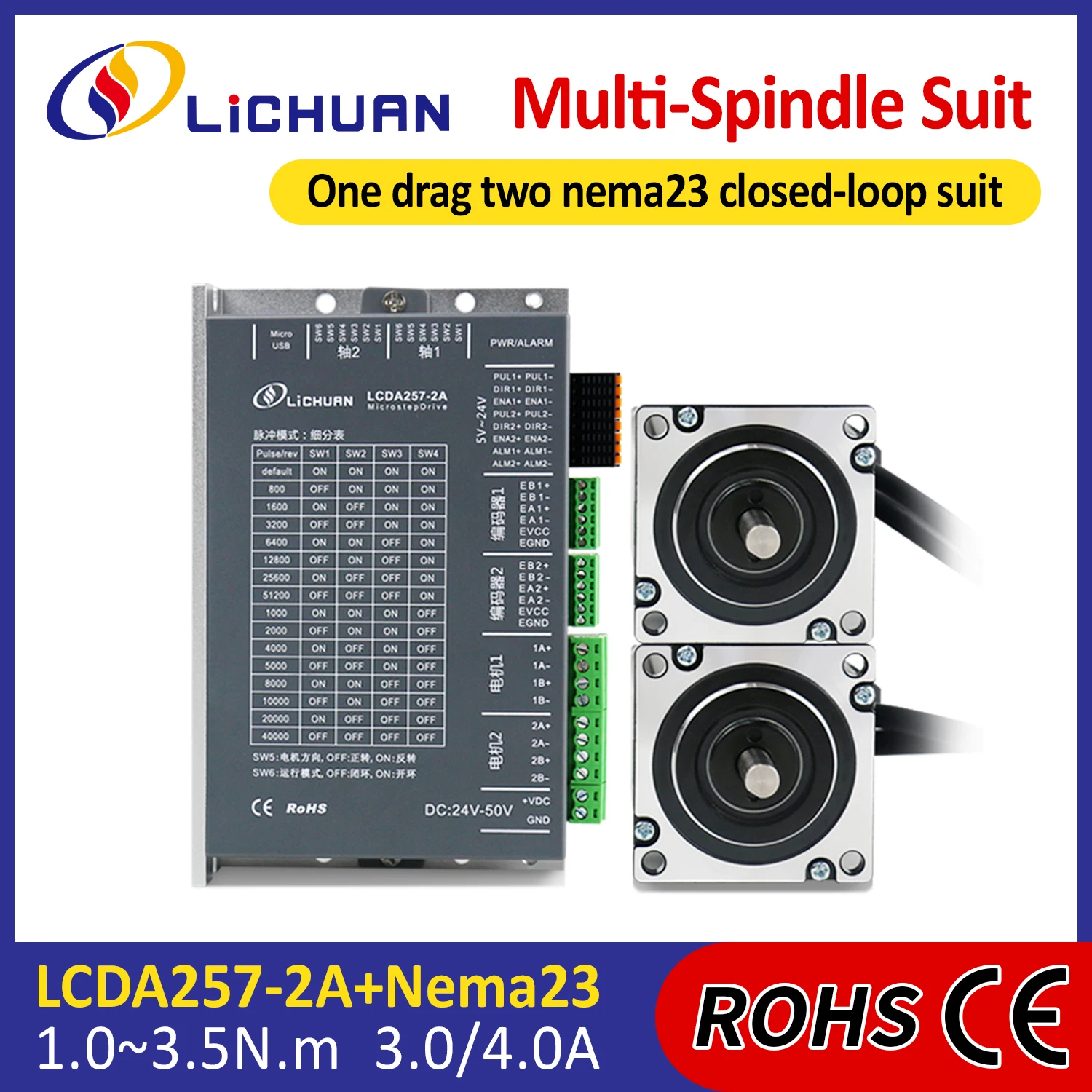 

Lichuan DC24V~50V 3/4A 1000PPR 1/1.5/2/2.2/3/3.5N.m StepperMotor Driver 2Phase Nema23 2-Axis ClosedLoop Stepper Motor Driver Kit