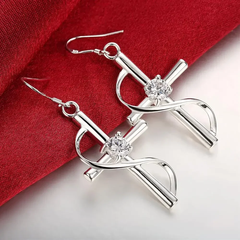 High Quality 925 Sterling Silver Earrings Fashion Jewelry Elegant Woman Crystal Cross Drop Earrings Trendsetter Christmas Gift