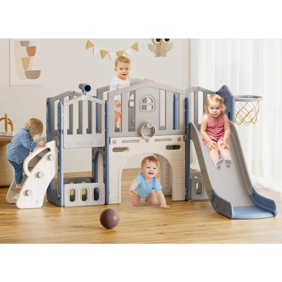 

9 in 1 Toddler Slide Set for Ages 1+ Blue Outdoor Indoor Playground with Basketball Hoop and Ball Climber Playset