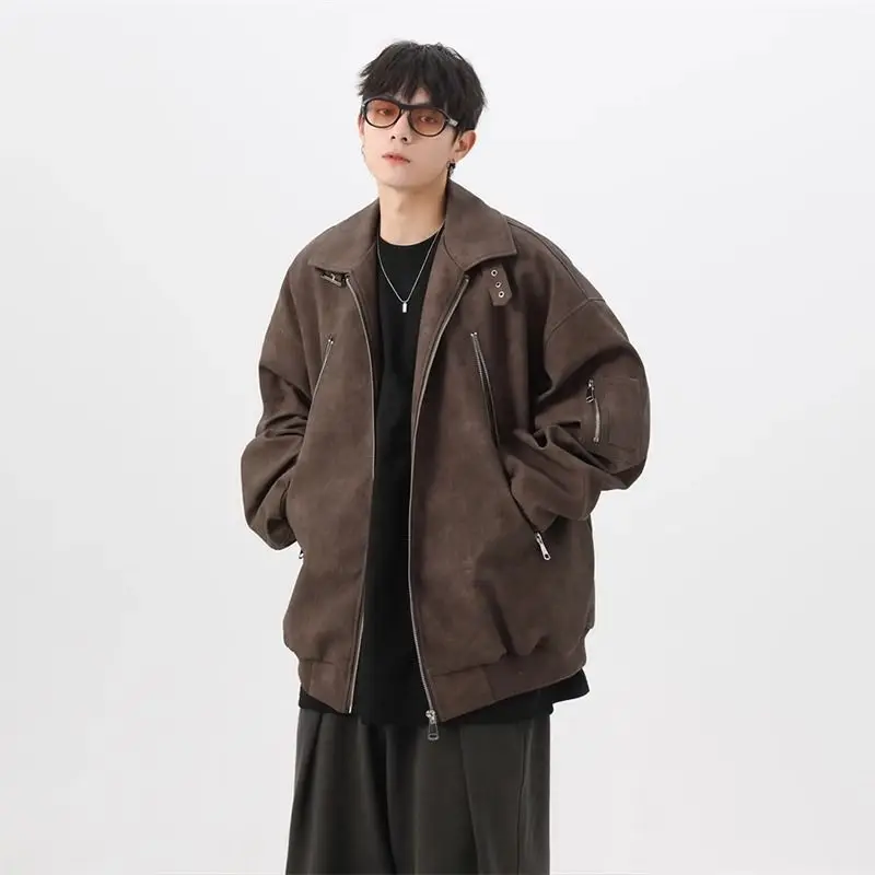 

American Retro Loose Fit PU Leather Jaet Men's Spring High Faion Trendy Brand Zipper Closure Long Sve Straight Hem Jaet