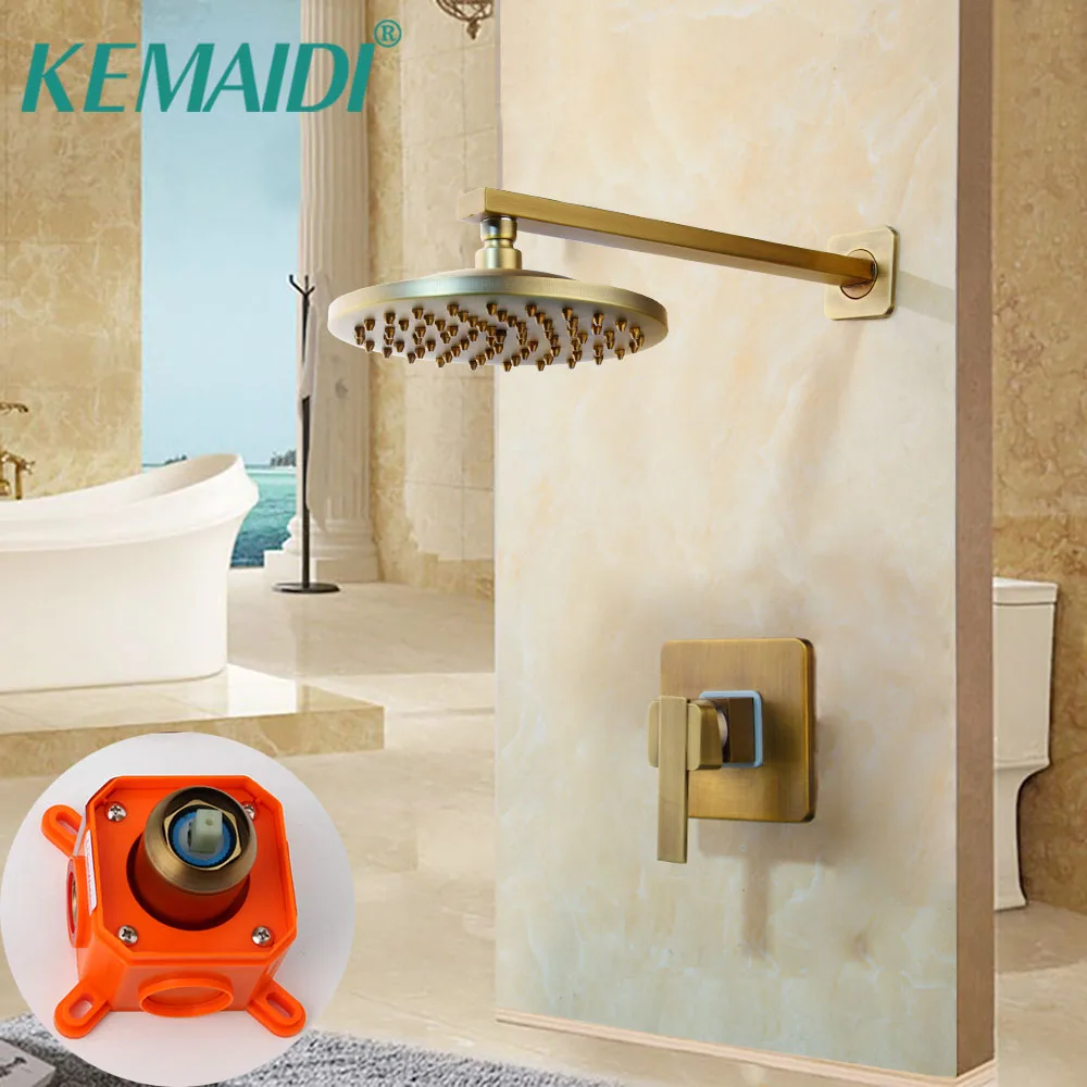 

KEMAIDI Antique Brass Shower Set Embedded Box Valve Wall Mount Rainfall Bathroom Bathtub Shower Faucet Sets Head & Hand Shower